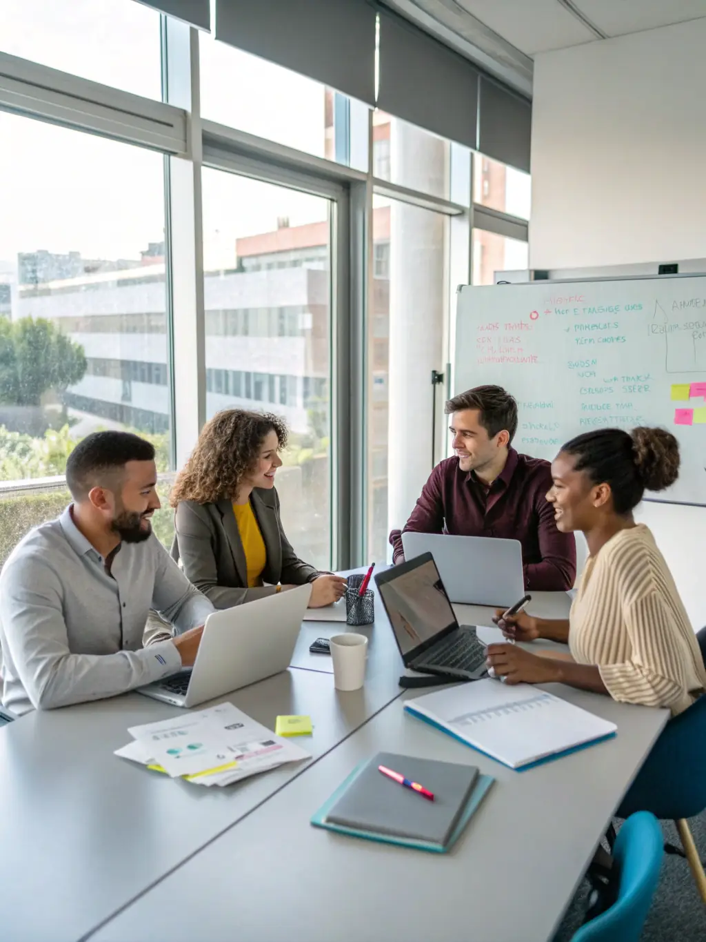A diverse group of professionals collaborating on a project using various devices, with data charts and project timelines visible on each screen.