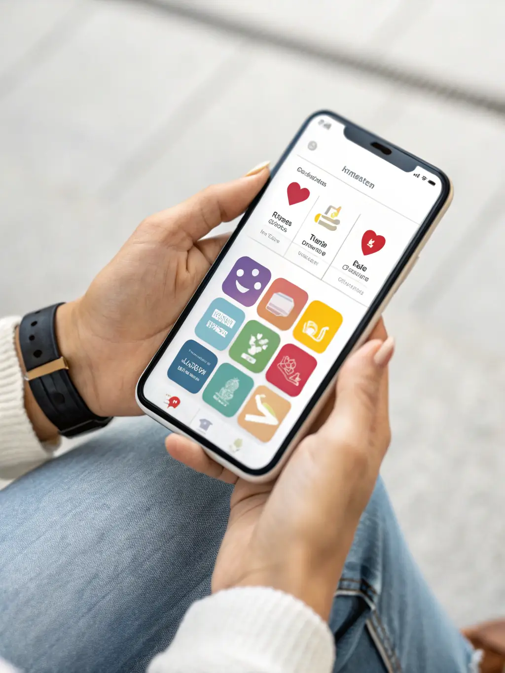 A hand holding a smartphone displaying a business app interface, with icons representing various operating systems and devices floating around it.